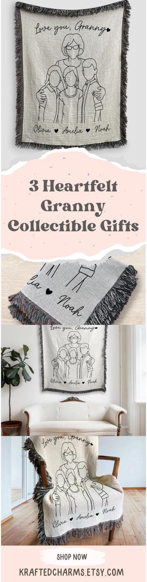 Personalized Granny Line Art Portrait Woven Blanket Gift for Granny Woven Throw Mothers Day Gift Granny Line Drawing Keepsake Blanket Gift