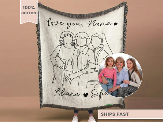 Nana Line Art Portrait Woven Blanket 
Gift for Nana Tapestry
