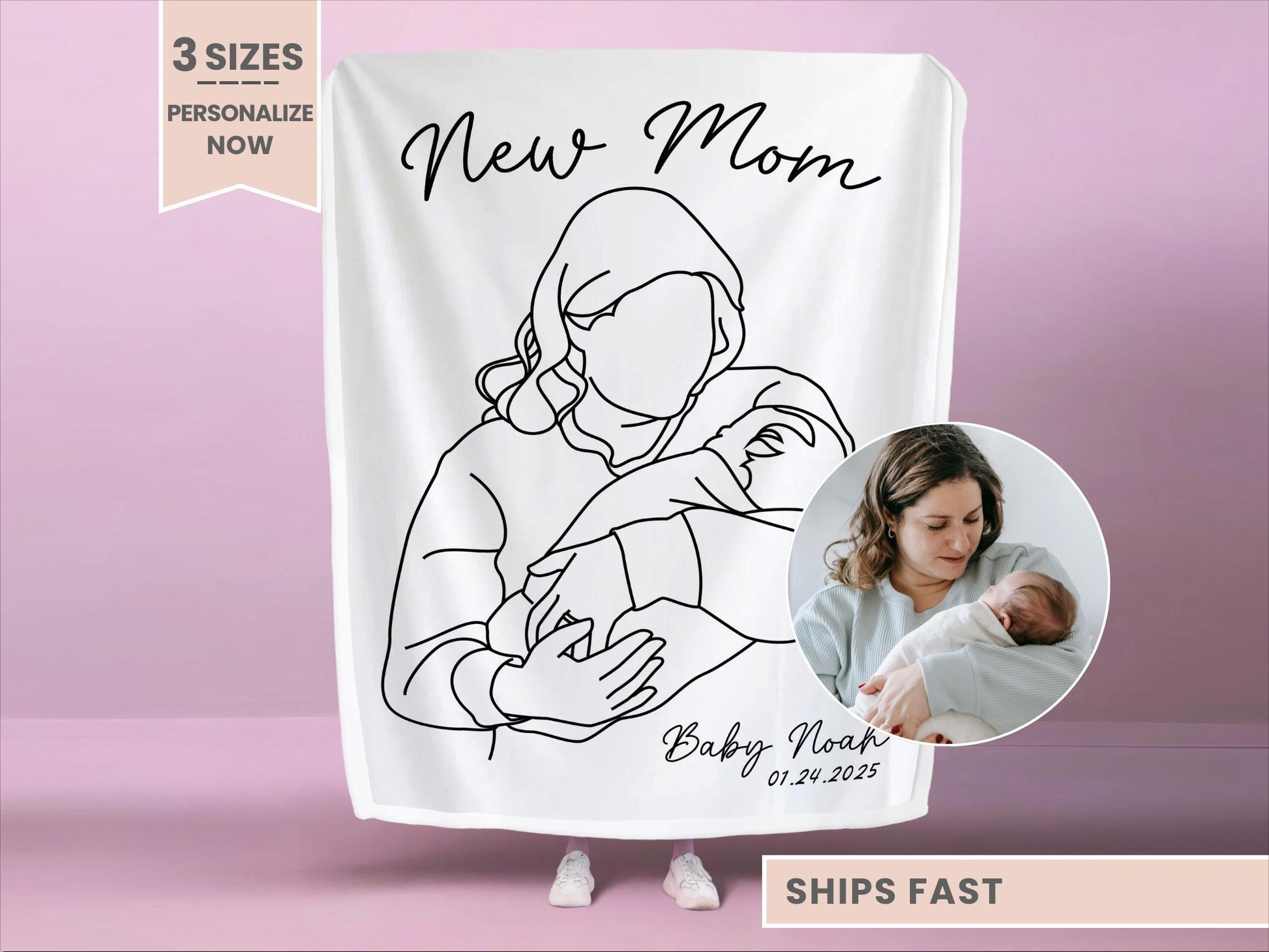 Personalized New Mom Line art minky blanket