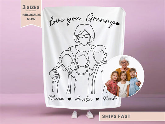 Personalized Granny Line Art Portrait Minky Blanket
Granny birthday gift