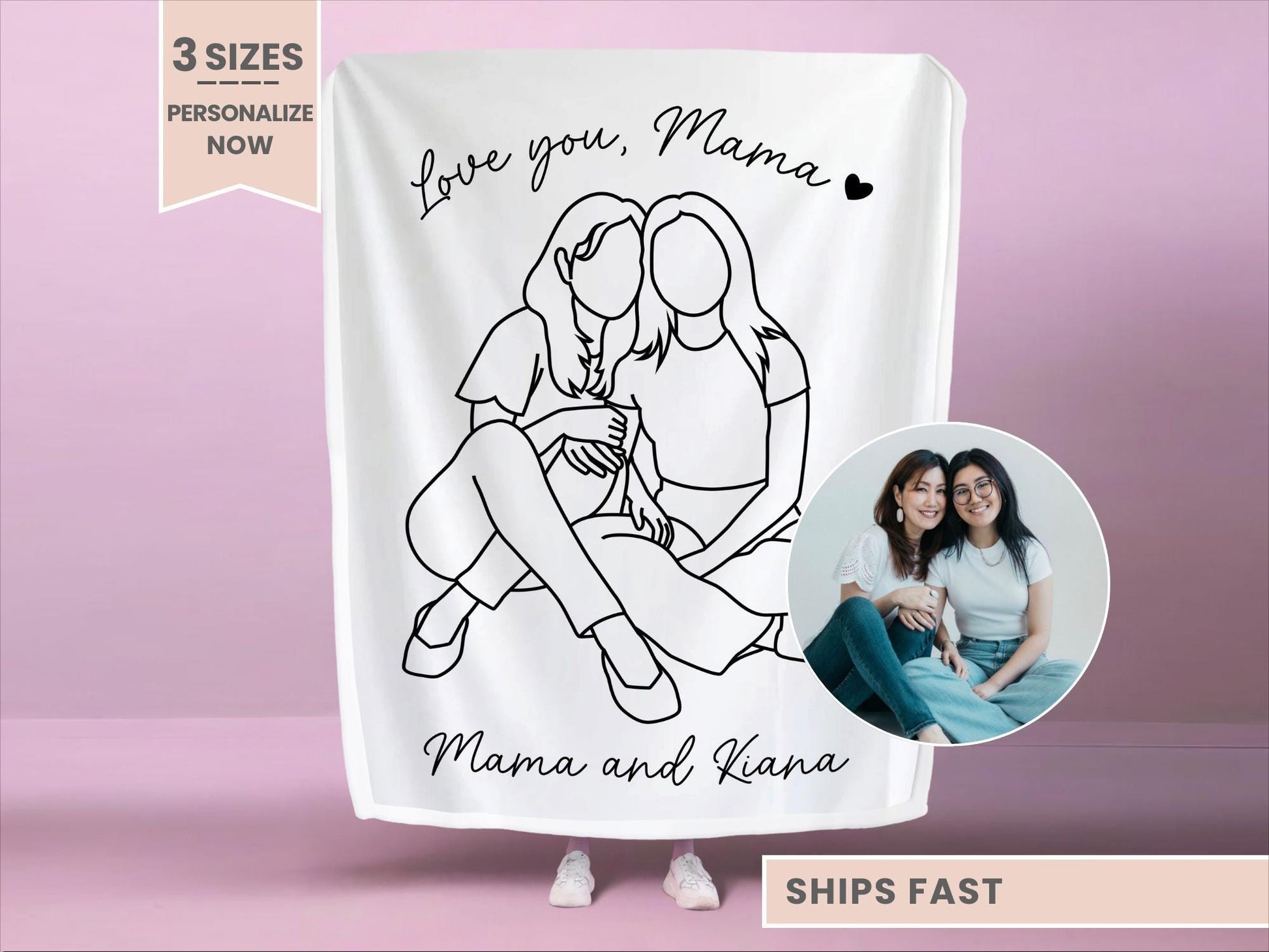 Personalized Mama Line Art Portrait Minky Blanket