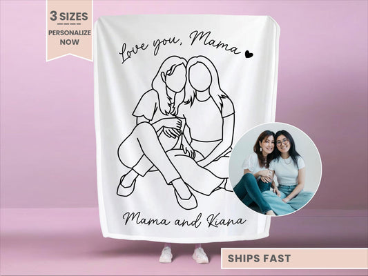 Personalized Mama Line Art Portrait Minky Blanket